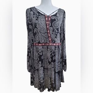 Xhilaration Black Paisley Print Bohemian Long Sleeve Mini Dress Medium